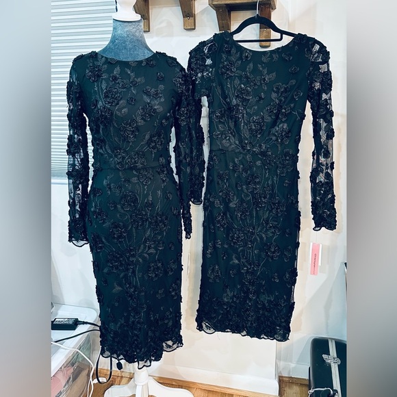 NWT AQUA Floral Embroidered Cocktail Party Dress Midi Long Sleeve Black - Picture 7 of 15